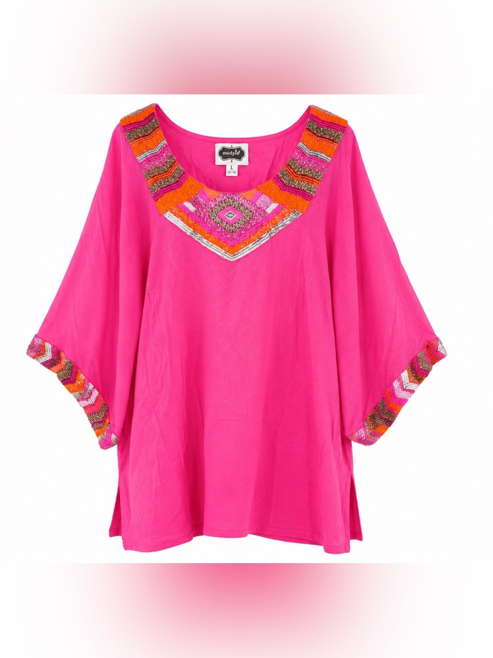 Mud Pie Pink Embellished Kaftan Tunic Boho Resort Barbiecore Coverup-Large